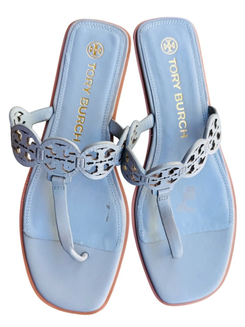 Tory Burch Tiny Miller Womens Blue Leather Thong Sandals Size 10 M Laser Cut Log